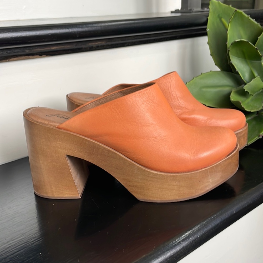 Free People Orange Leather Platform Clog Mules